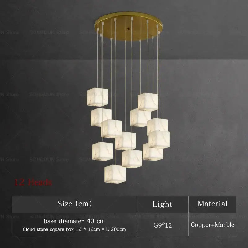 Modern jade design spiral alabaster chandelier with twelve square cloud stone lights and gold copper base for living room decorbites jade design