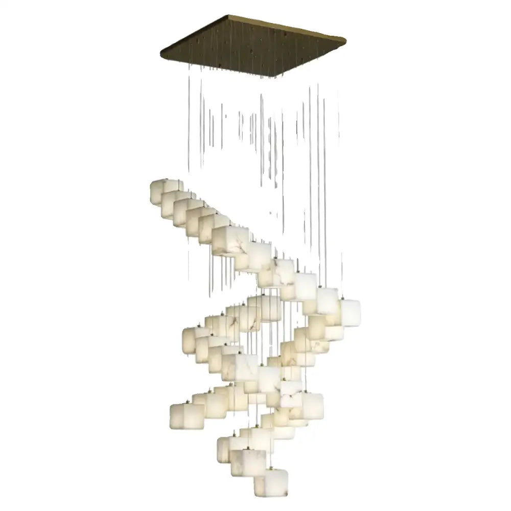Modern spiral alabaster chandelier with brass mount and frosted white cubes by decorbites jade design for living rooms