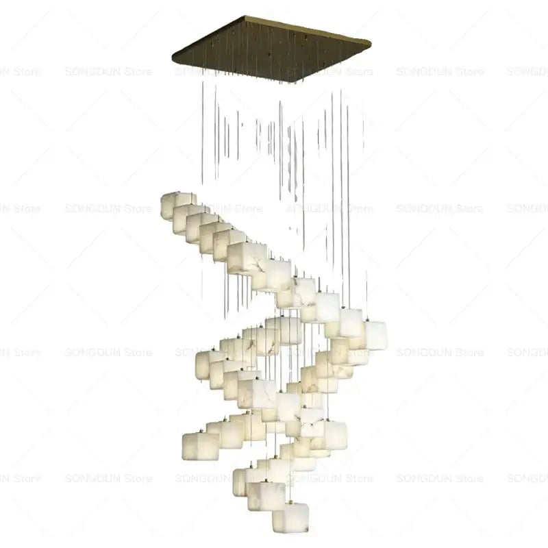 Modern jade design spiral alabaster chandelier with bronze mount and off-white translucent marble-like cubes by decorbites jade design