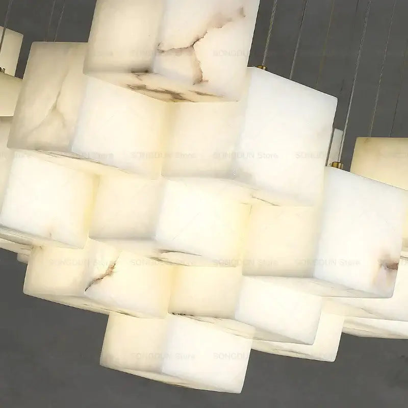 Modern white onyx chandelier with geometric cube design for living room light by decorbites jade design