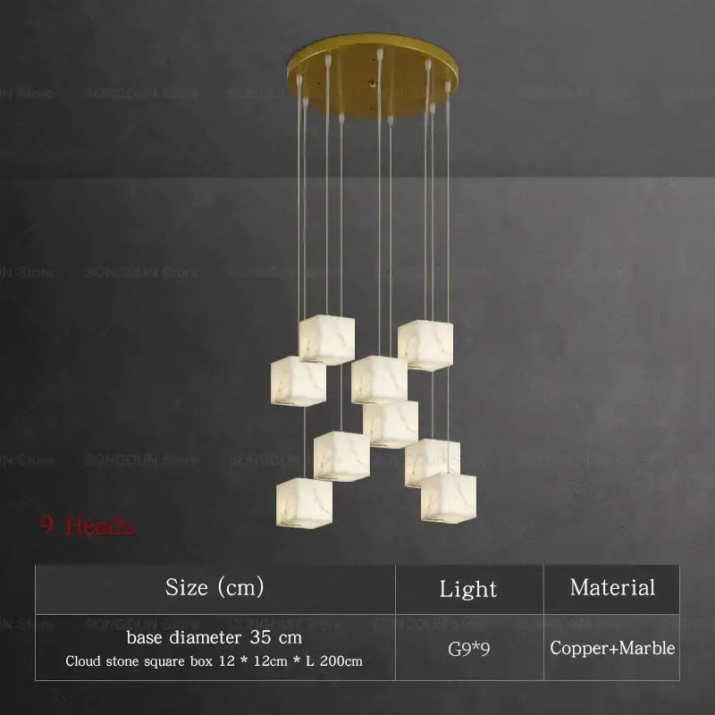 Modern jade design spiral alabaster chandelier with nine white marble cube lights and gold copper base for living room decorbites jade design