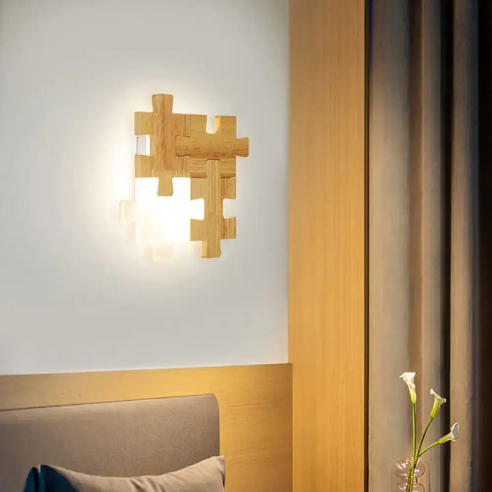 Modern jigsaw light wood wall lamp featuring led lighting sconce light with a warm glow for bedroom decor
