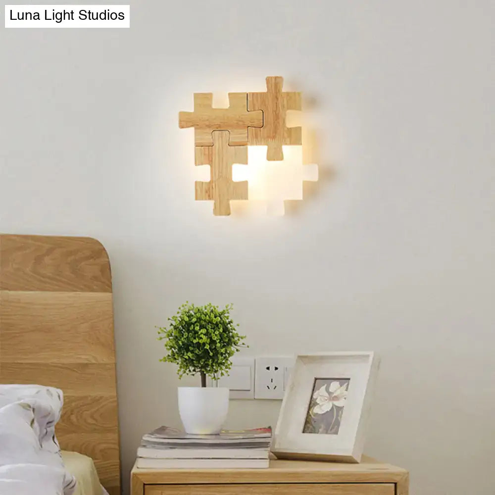 Modern jigsaw light wood wall lamp featuring led lighting sconce for bedroom decor and ambient illumination