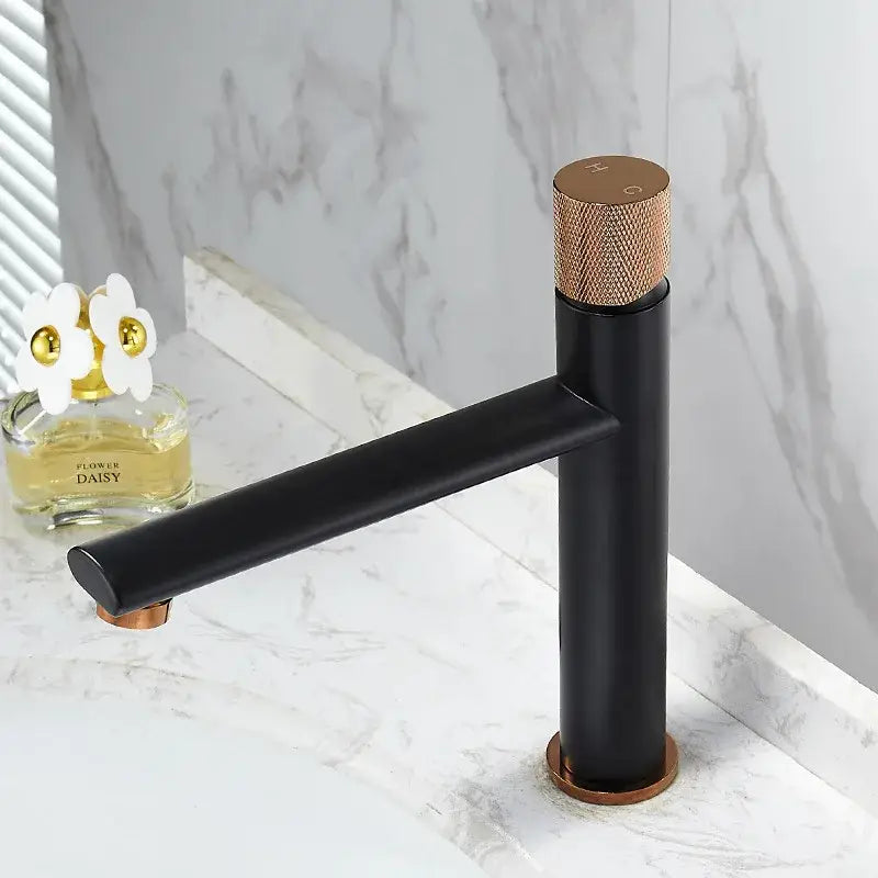 Modern knurled brushed gold basin faucet with black matte finish and rose gold accents by decorbites brushed gold