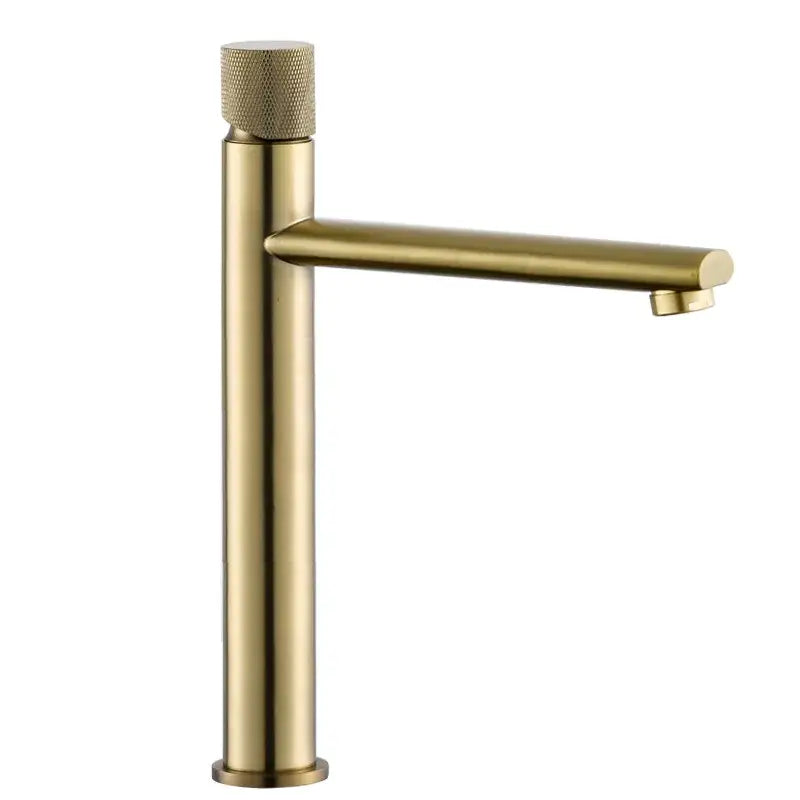 Modern knurled brushed gold basin faucet with a textured knob and sleek cylindrical spout by decorbites brushed gold