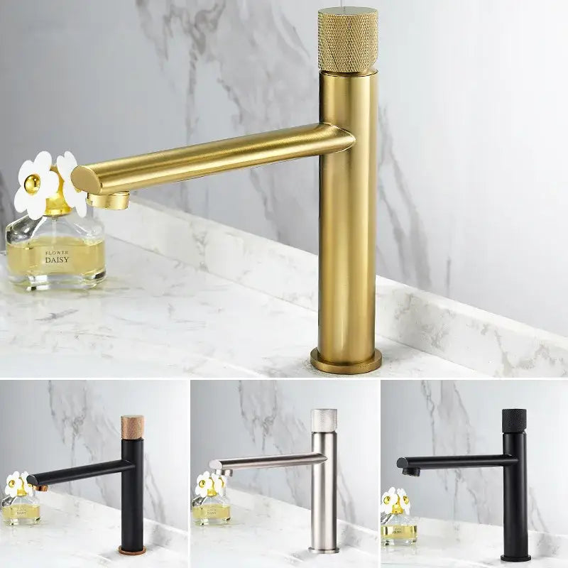 Modern knurled brushed gold basin faucet with single-handle design and decorbites brushed gold finish for bathroom use