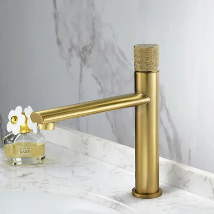 Modern knurled brushed gold basin faucet with textured handle and minimalist design by decorbites brushed gold collection