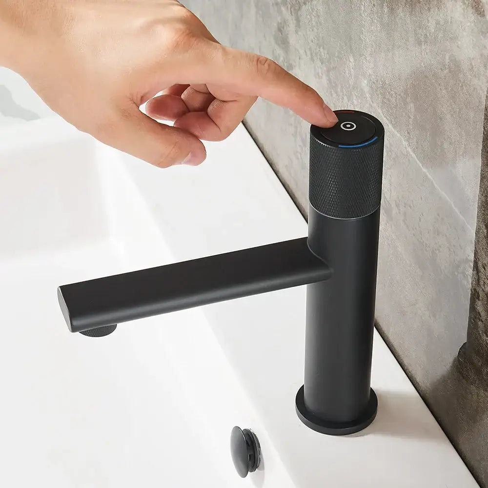 Black matte finish touchless bathroom faucet with textured grip and blue illuminated button for decorbites gold single handle mixer