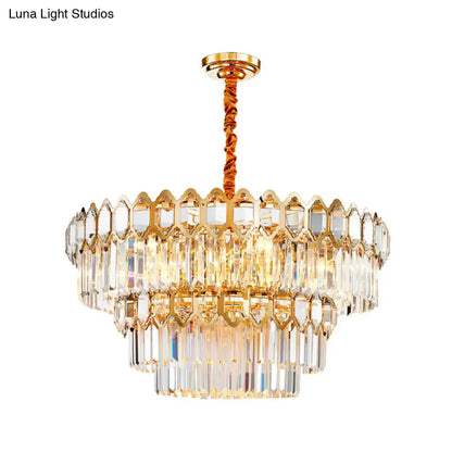 Lámpara de araña moderna de varias capas con prisma de cristal transparente, lámpara colgante dorada de 8 luces