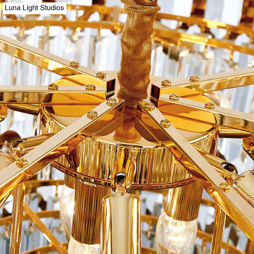 Lámpara de araña moderna de varias capas con prisma de cristal transparente, lámpara colgante dorada de 8 luces