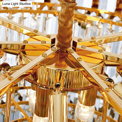 Lámpara de araña moderna de varias capas con prisma de cristal transparente, lámpara colgante dorada de 8 luces
