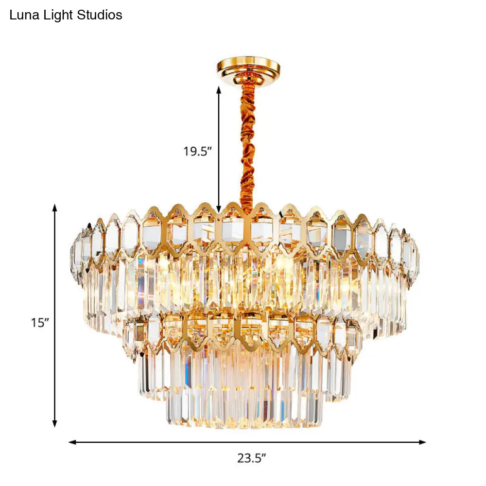 Lámpara de araña moderna de varias capas con prisma de cristal transparente, lámpara colgante dorada de 8 luces