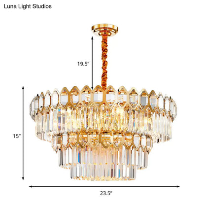 Lámpara de araña moderna de varias capas con prisma de cristal transparente, lámpara colgante dorada de 8 luces