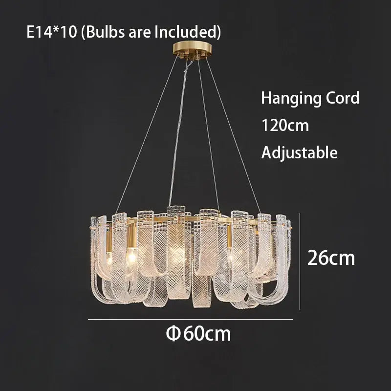 Gold-toned ceiling chandelier with clear textured glass shades in a circular design for modern living room decorbites dimmable led copper