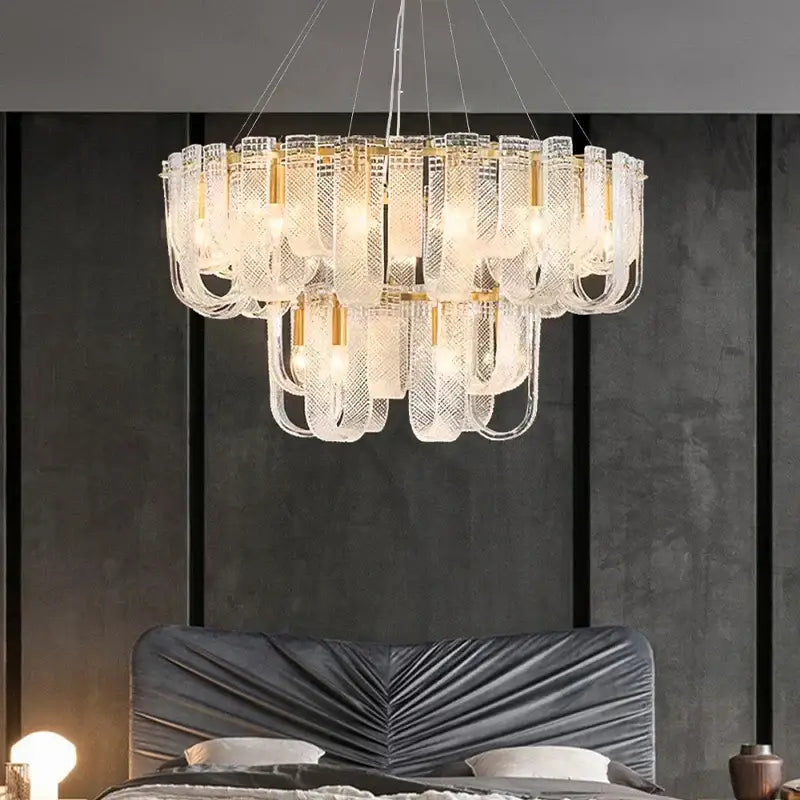 Modern layered clear glass and gold ceiling chandelier with multi-tiered design ideal for living room decorbites dimmable led