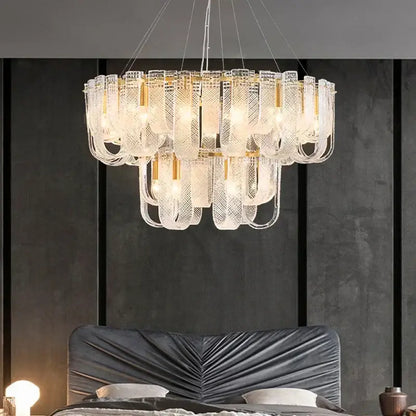 Modern layered clear glass and gold ceiling chandelier with multi-tiered design ideal for living room decorbites dimmable led
