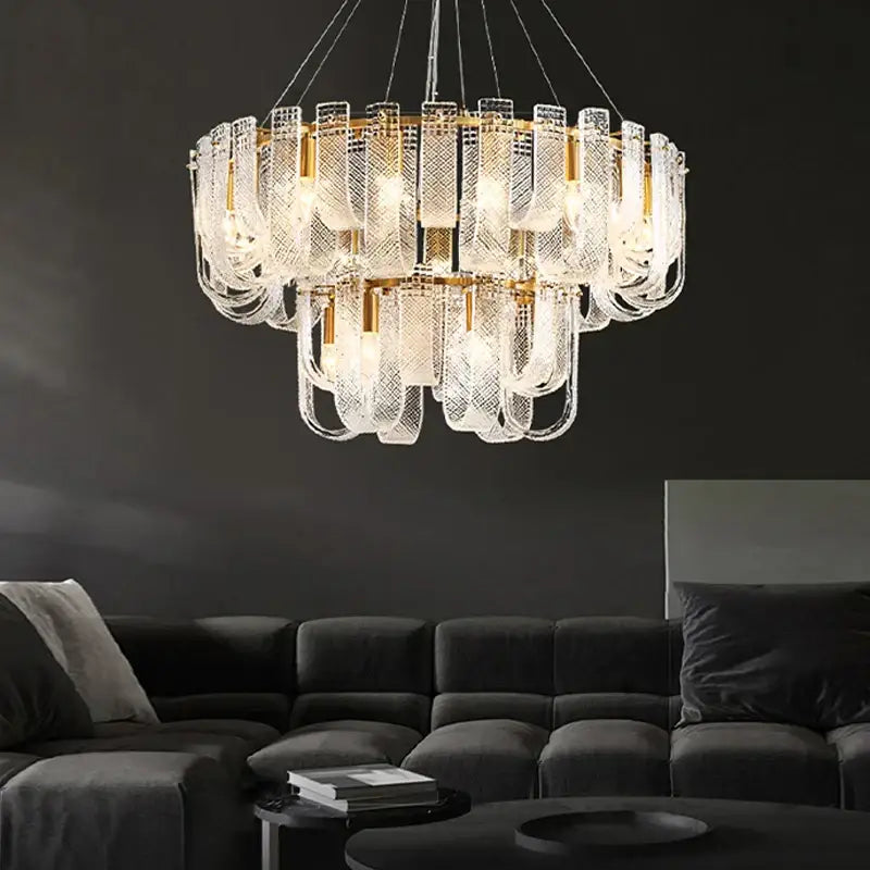 Modern layered clear glass and gold ceiling chandelier with textured shades and dimmable led copper accents for living room decor