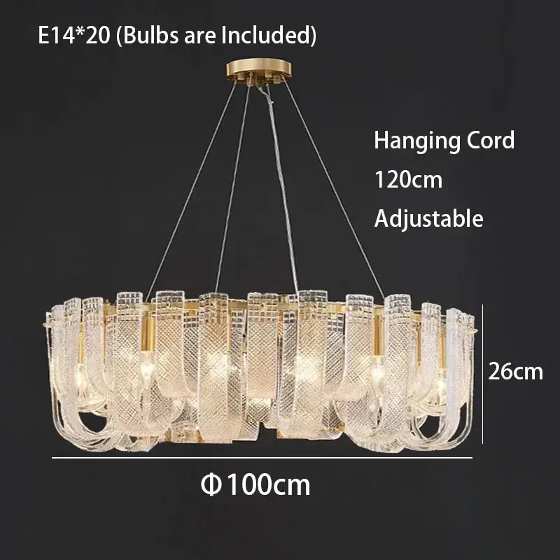 Modern layered clear glass and gold ceiling chandelier with textured panels featuring decorbites dimmable led design