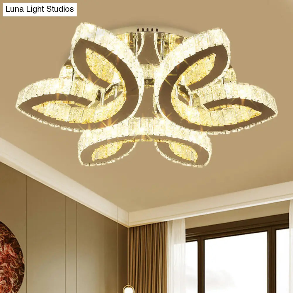 DecorBites™ DecorBites™ Modern Leaf Bedroom LED Flush Fixture with Clear Crystals and Stainless Steel