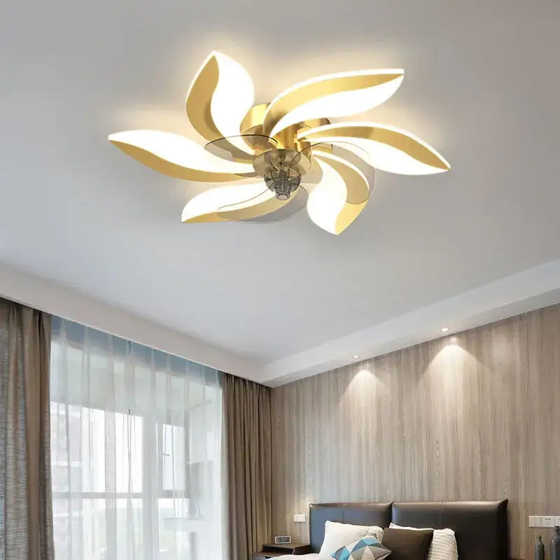 Modern leaf black and white ceiling fan with remote control featuring a gold-toned flower-shaped ceiling light decorbites ceiling fan
