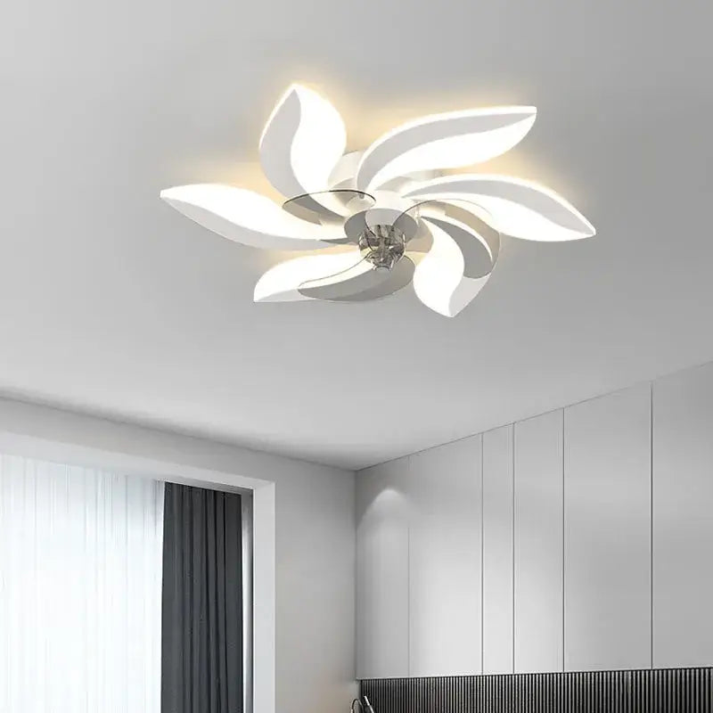 White modern ceiling fan with remote control features a flower-like acrylic petal design for bedroom decorbites ceiling fan