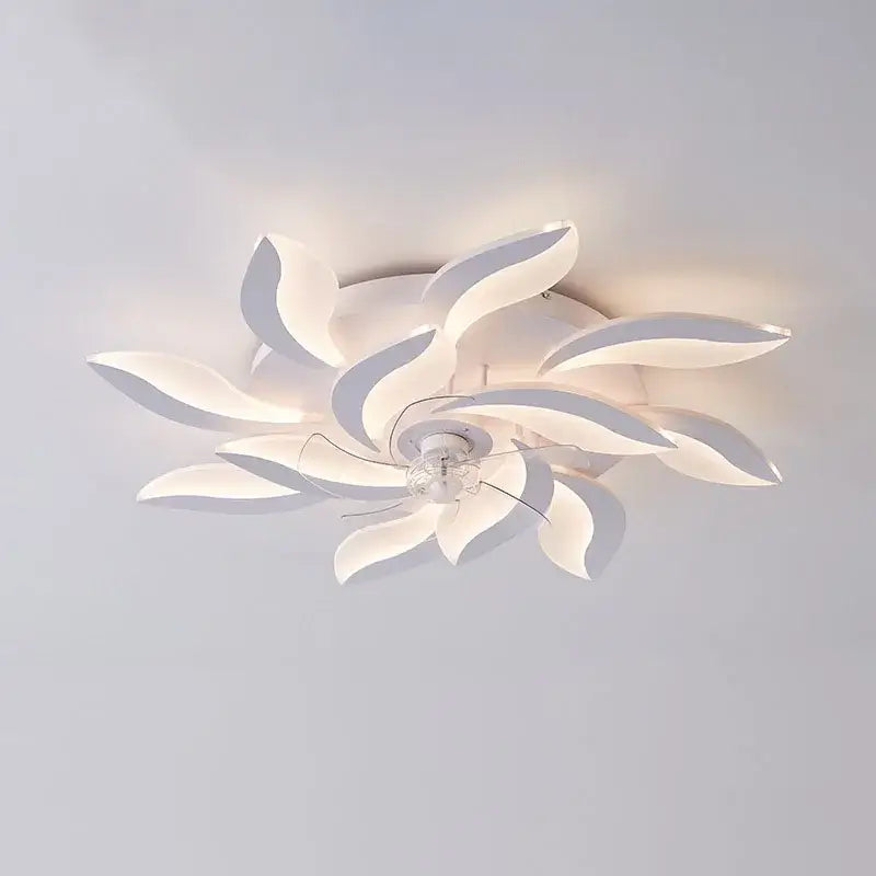 White modern ceiling fan with remote control featuring a flower-like acrylic light fixture for bedroom decorbites ceiling fan