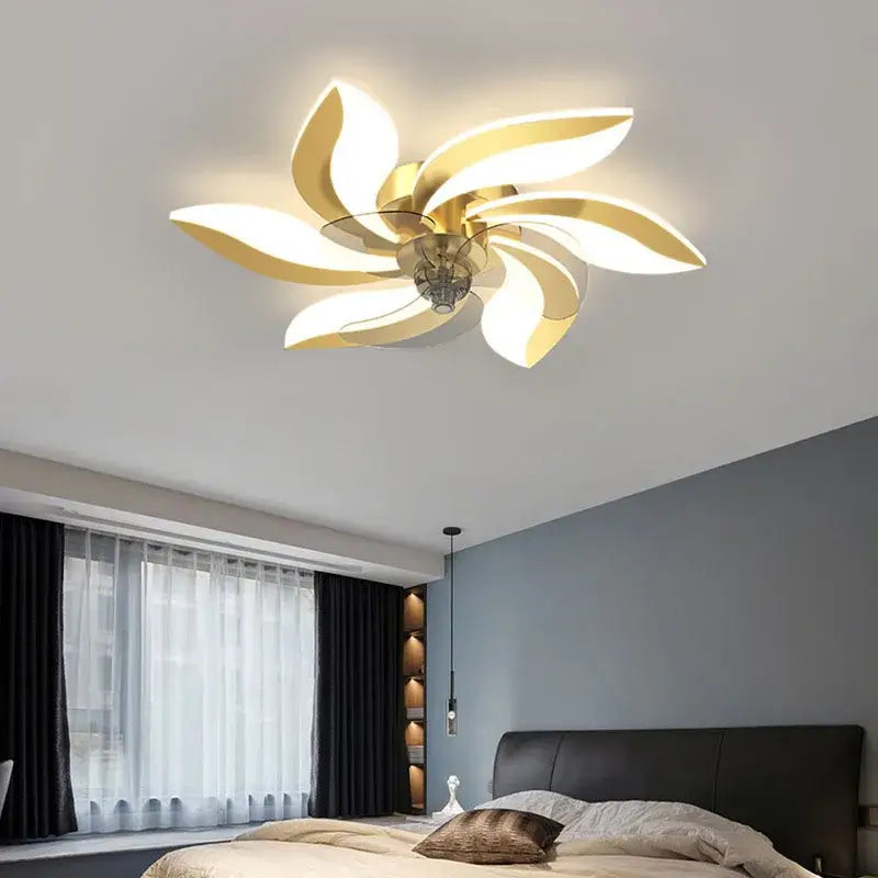 Modern leaf black and white ceiling fan with remote control featuring a gold-toned flower-shaped ceiling light and metallic hub