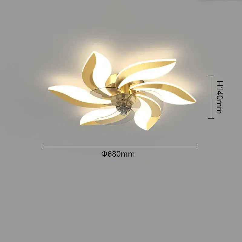 Gold-toned ceiling fan with six illuminated petal-shaped blades and remote control by decorbites for bedroom use