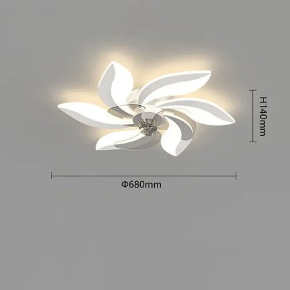 White modern ceiling fan with flower-like led light fixture and remote control by decorbites for bedroom use