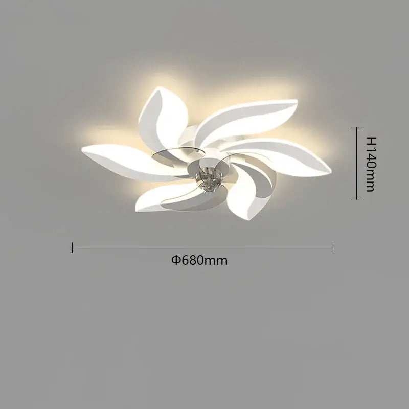 White modern ceiling fan with flower-like led light fixture and remote control by decorbites for bedroom use