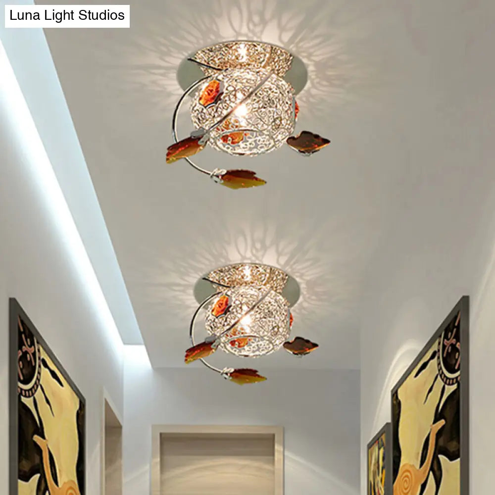 DecorBites™ DecorBites™ Modern Leaf Corridor Flushmount Light with Faceted Tan Crystal and Globe Cage Shade