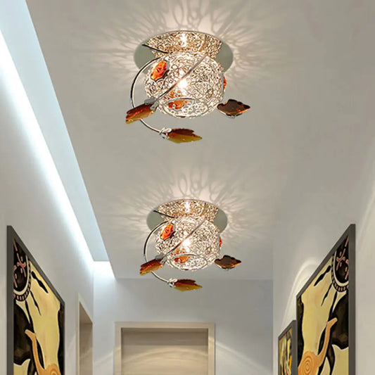 DecorBites™ DecorBites™ Modern Leaf Corridor Flushmount Light with Faceted Tan Crystal and Globe Cage Shade
