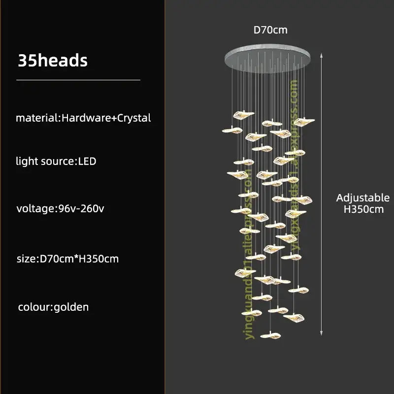 Modern leaf crystal glass staircase chandelier with 35 crystal-encrusted light heads for living room decorbites crystal glass decor
