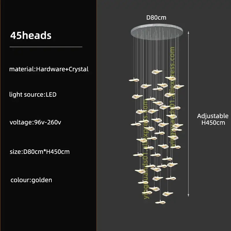 Modern leaf crystal glass staircase chandelier with 45 light heads in gold metal for living room decorbites crystal glass decor