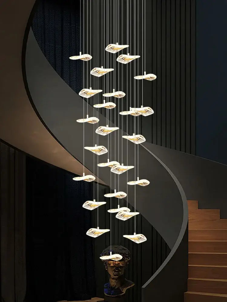 Modern white pendant chandelier with sleek leaf-shaped crystal glass lights for decorbites crystal glass staircase decor