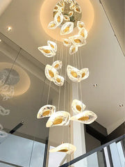 Modern leaf crystal glass staircase chandelier with translucent leaf-shaped crystals and gold-toned interiors for living room decorbites crystal glass