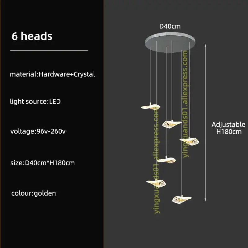 Modern leaf crystal glass staircase chandelier with golden six-head pendant light featuring crystal glass accents and led lighting