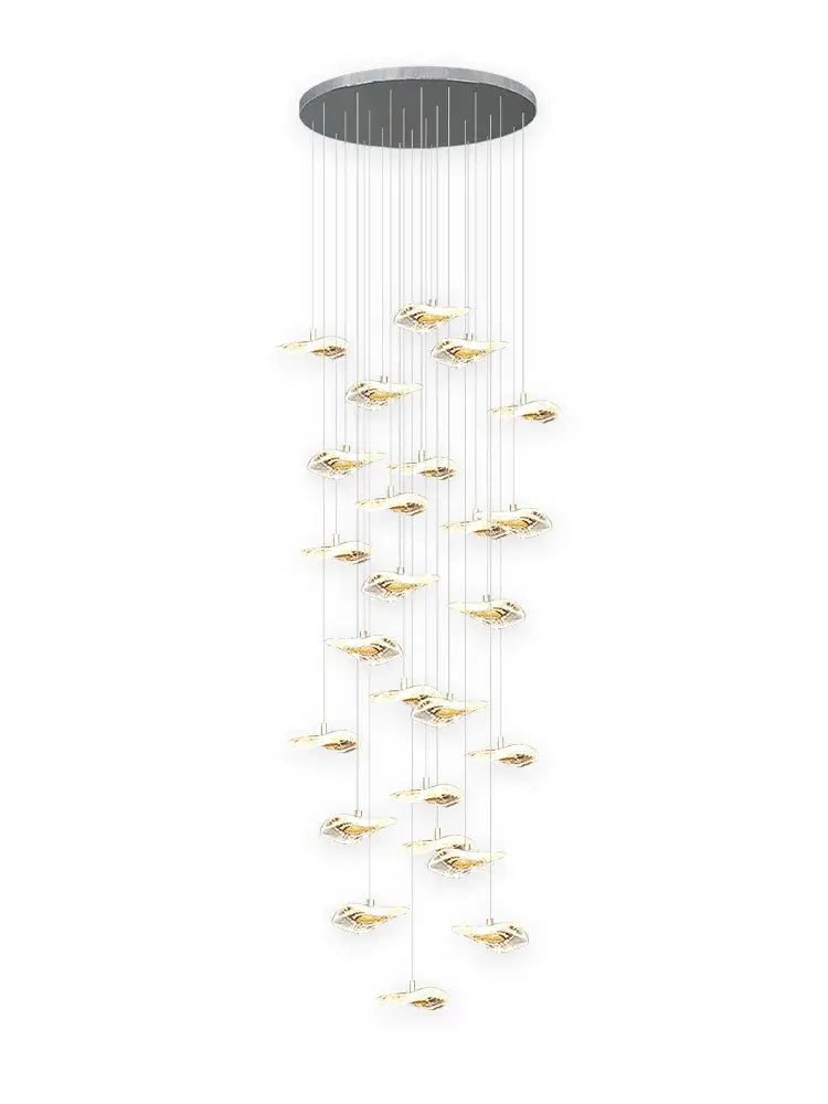 Modern leaf crystal glass staircase chandelier with silver circular mount and cascading golden decorbites crystal glass lights
