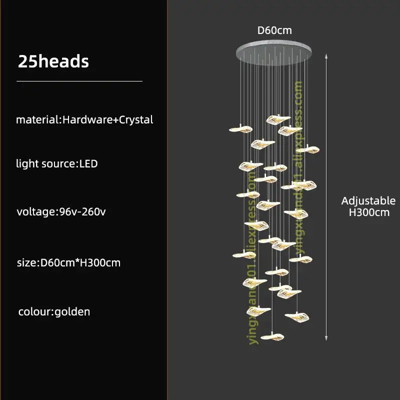 Modern leaf crystal glass staircase chandelier with 25 crystal glass led light heads in gold decorbites crystal glass design