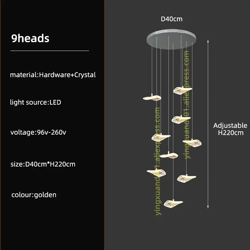 Modern leaf crystal glass staircase chandelier with nine golden crystal glass light heads for decorbites crystal glass decor