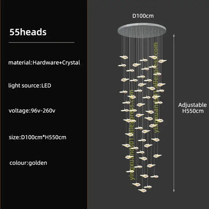 Modern leaf crystal glass staircase chandelier with 55 gold crystal glass light heads for living room decorbites lighting