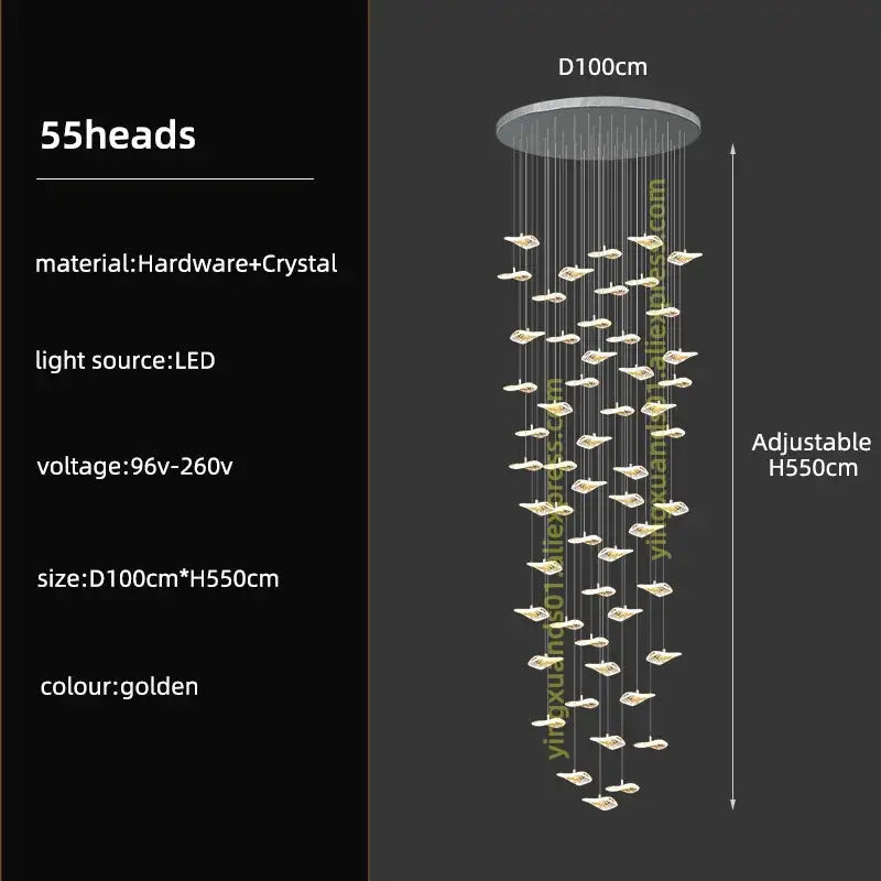 Modern leaf crystal glass staircase chandelier with 55 gold crystal glass light heads for living room decorbites lighting
