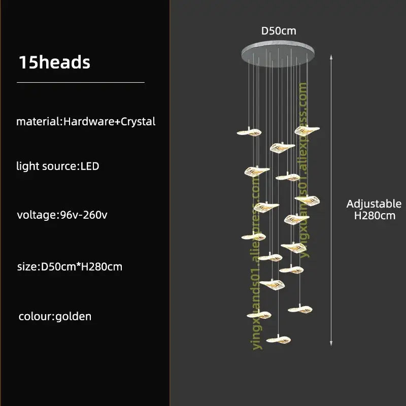 Modern leaf crystal glass staircase chandelier with 15 crystal glass led light heads on circular hardware base for living room decorbites crystal glass
