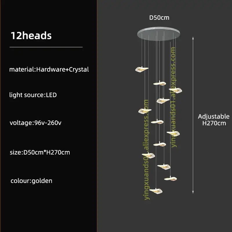 Modern leaf crystal glass staircase chandelier with 12 hanging crystal glass light heads in gold for living room decorbites crystal glass
