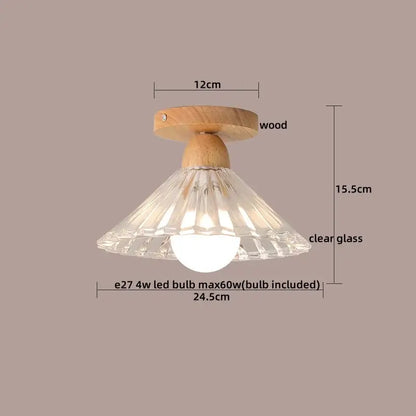 Modern leaf glass ceiling light with natural wood base and decorbites clear glass led shade for hallway lighting