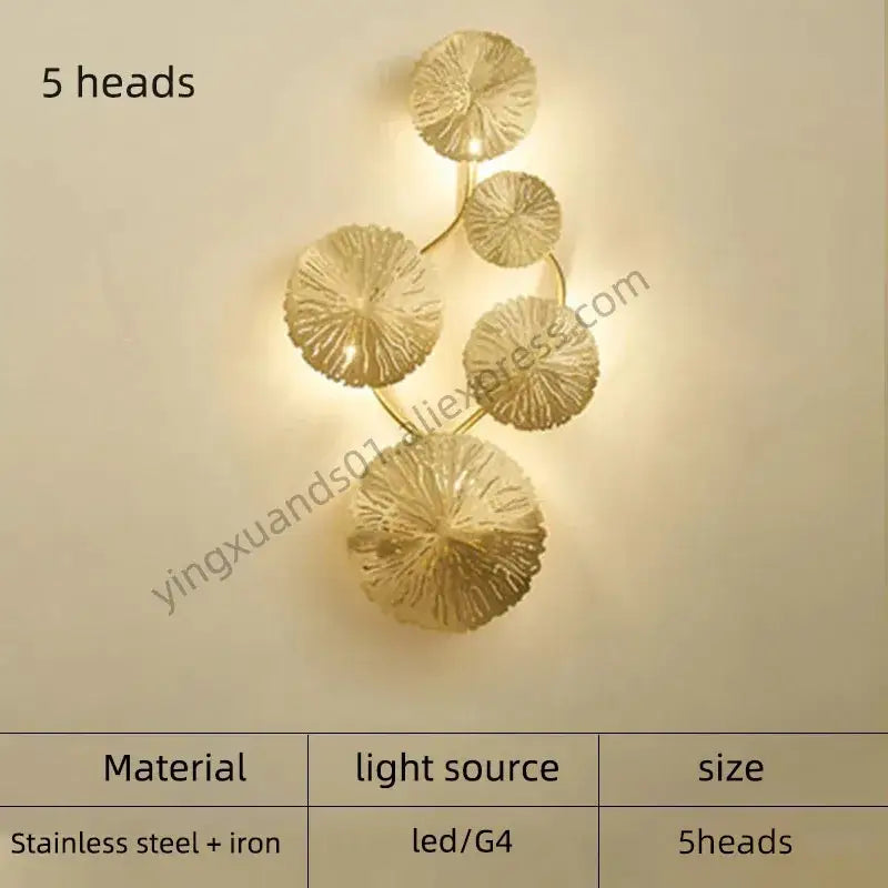 Modern leaf gold iron wall sconce with five head design crafted from stainless steel and iron for living room decorbites iron wall