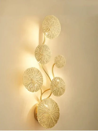 Modern leaf gold iron wall sconce with intricate translucent lotus leaf glass shades for living room decorbites iron wall