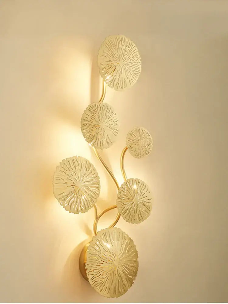 Modern leaf gold iron wall sconce with intricate translucent lotus leaf glass shades for living room decorbites iron wall
