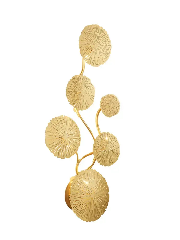 Modern leaf gold iron wall sconce with intricate leaf-like discs on a slender curved stem for living room decorbites iron wall