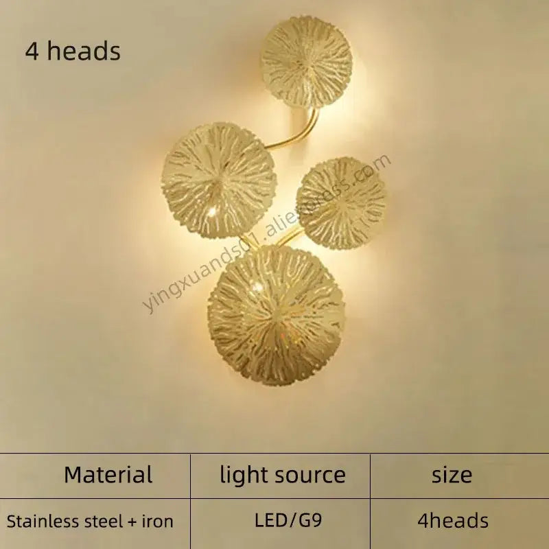 Modern leaf gold iron wall sconce with four illuminated heads made of stainless steel and iron for living room decorbites iron wall